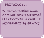 PRZYSZŁOŚĆ:
W PRZYSZŁOŚCI MAM ZAMIAR OPATENTOWAĆ  ELEKTRYCZNE GRABIE I MECHANICZNĄ GRACKĘ

